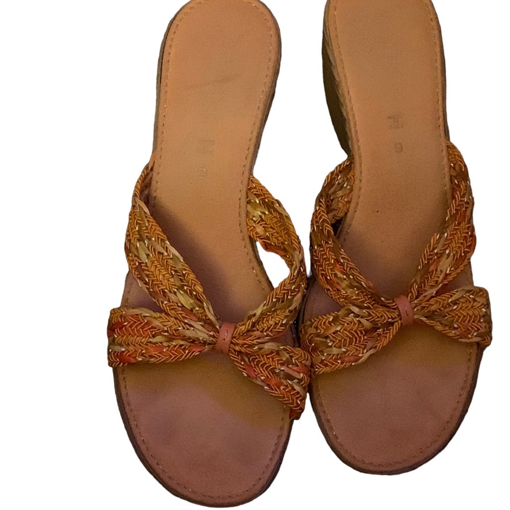 M Made In Italy Orange Metallic Braided Strap Wedge Sandals Mules 9
